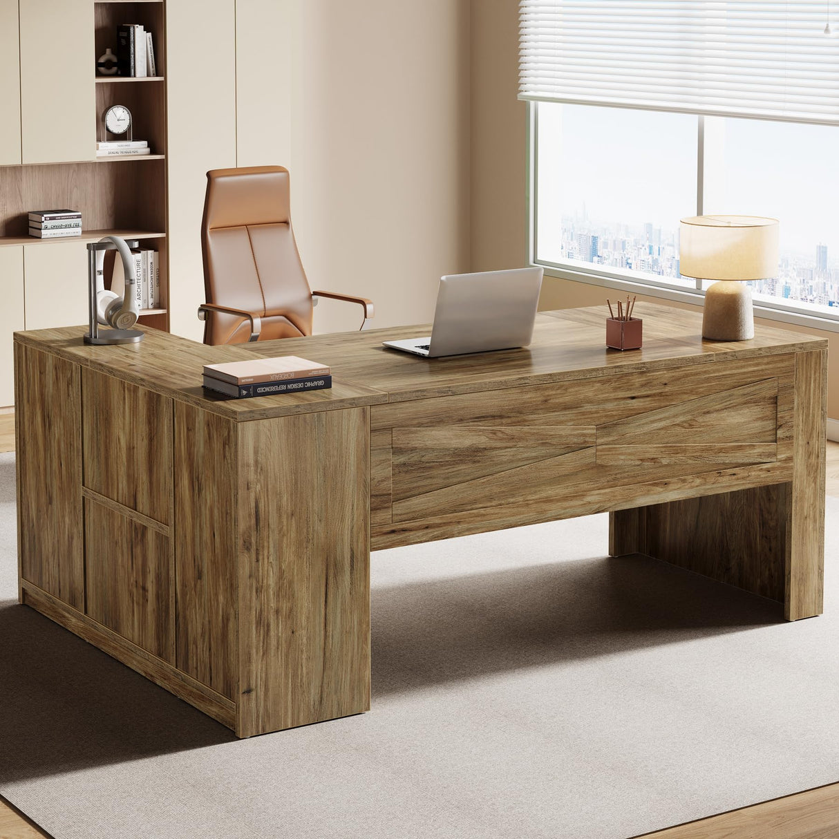 70.8" L-Shaped Executive Desk, Large Office Computer Table with File Cabinet