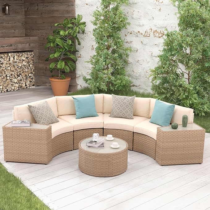 Outdoor 7-Piece Half-Moon Sectional Furniture Set with Round Coffee Table