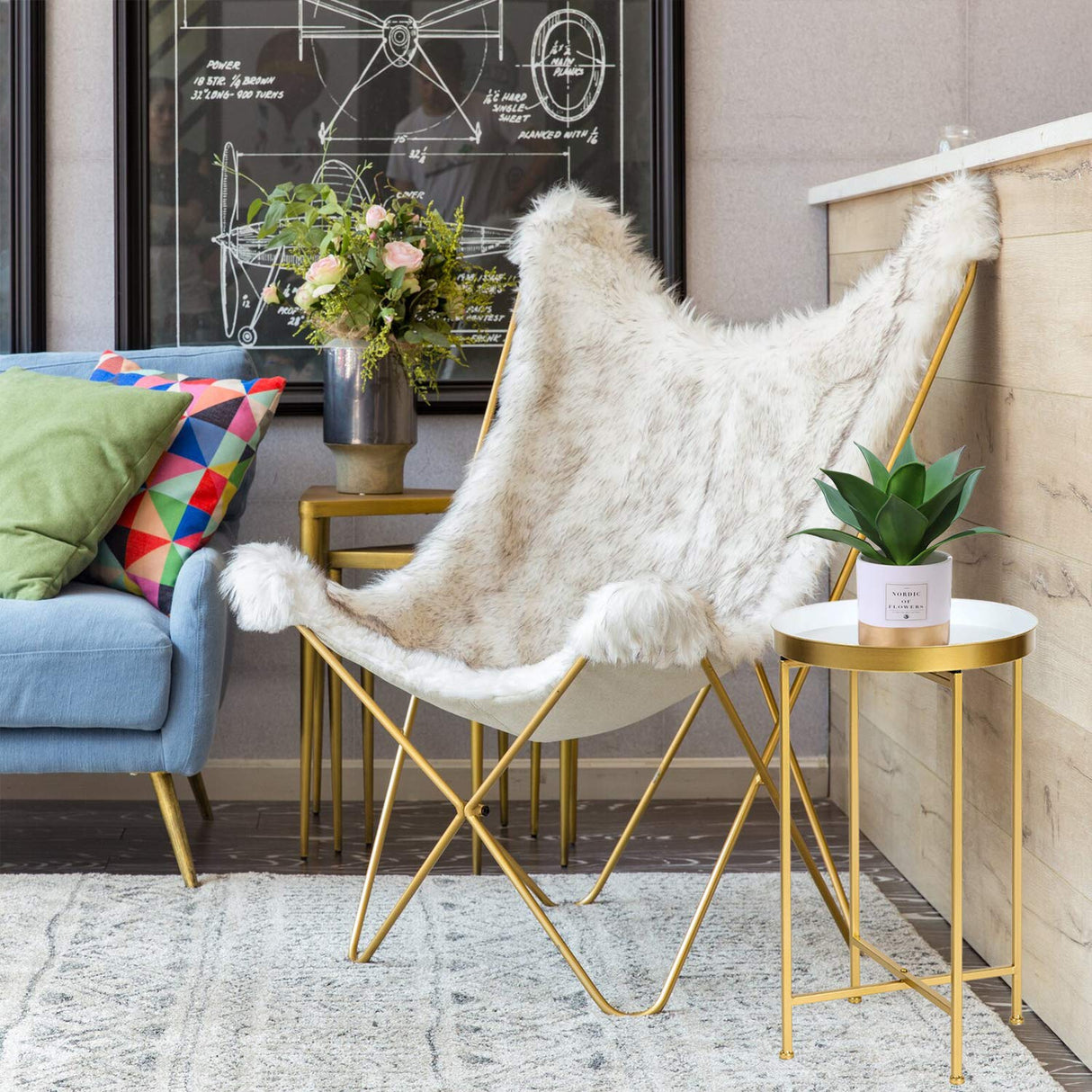 Modern Round Side End Accent Table 25.7 inch Tall for Living Room (Gold, White Tray)