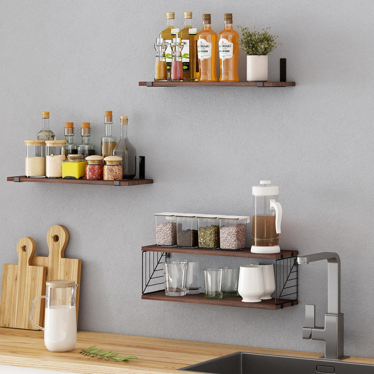 3+1 Tier Bathroom Floating Shelves Over Toilet, 15.8in Farmhouse Rustic Wood Shelves