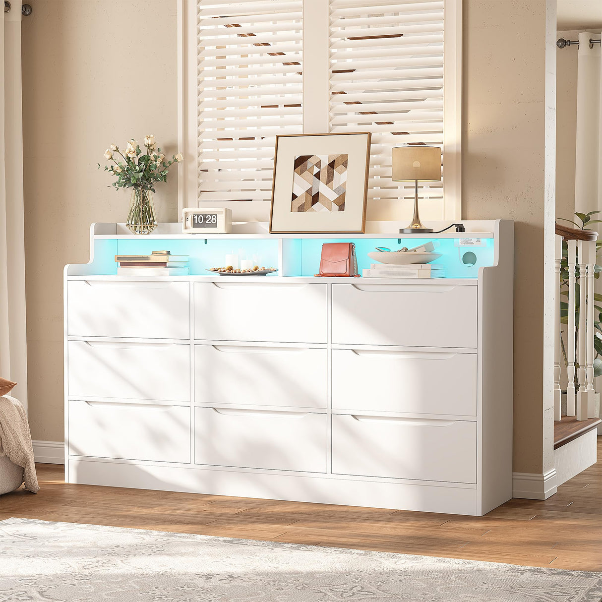 9 Drawers Dresser with LED Light Storage Shelves,White Dresser for Bedroom
