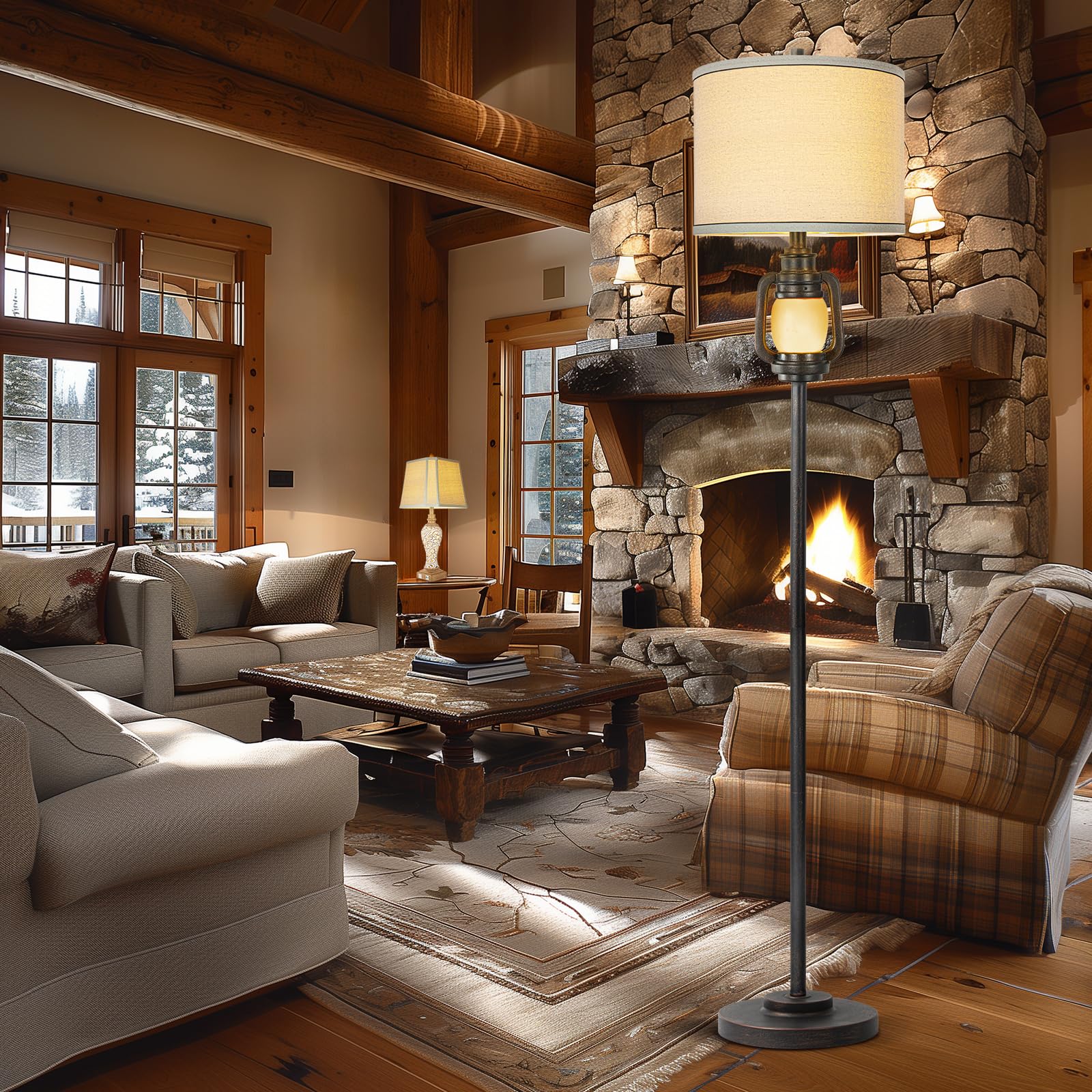 Floor Lamp for Living Room Vintage Standing Lamp with Linen Fabric Hardback Shade