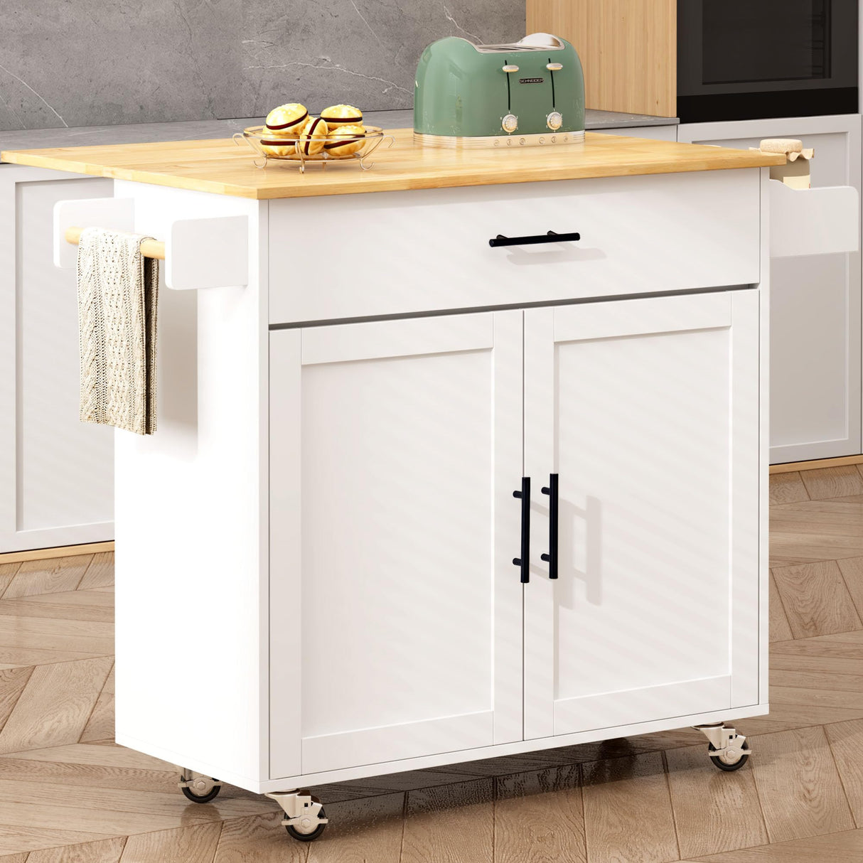 Rolling Kitchen Island on Wheels with Drop Leaf, Kitchen Cart with A Drawer and Cabinet