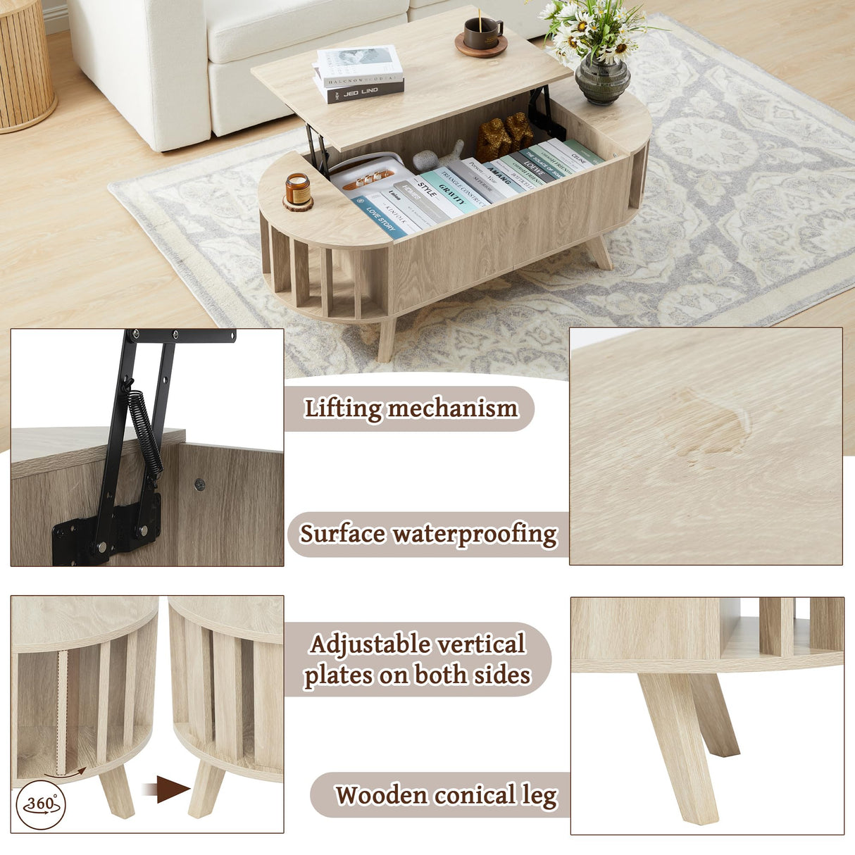 47.3" Lift Top Coffee Table with Hidden Storage, Small End Table with Curved Edge Design