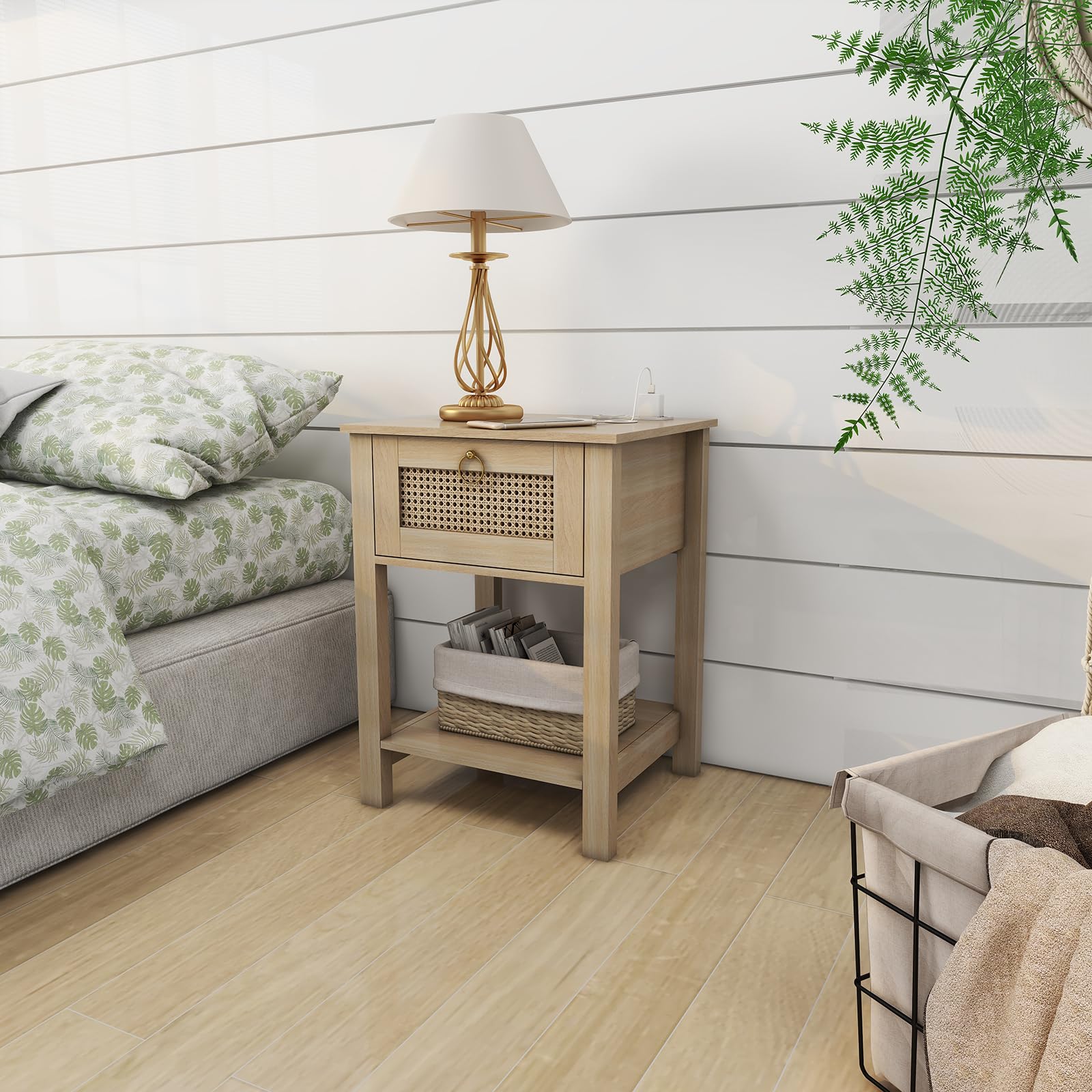 Rattan Nightstand Set of 2, Farmhouse Night Stands