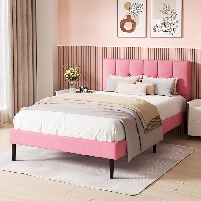 Full Bed Frame with Button Tufted Headboard, Fabric Upholstered Platform Bed Frame,