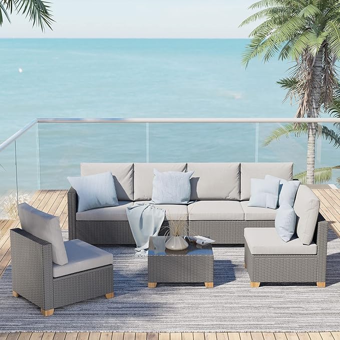 6 Seats Outdoor Conversation Sets with Olefin Cushions, Wicker Modular Sofa Sets with Coffee Table for Backyard Garden Poolside Light Gray
