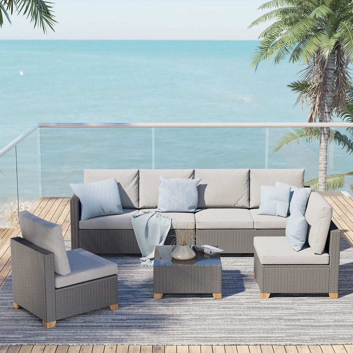 6 Seats Outdoor Conversation Sets with Olefin Cushions, Wicker Modular Sofa Sets with Coffee Table for Backyard Garden Poolside Light Gray