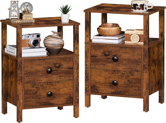 White Night Stand, Small Nightstand with 2 Wood Drawers and Storage Shelf, Modern