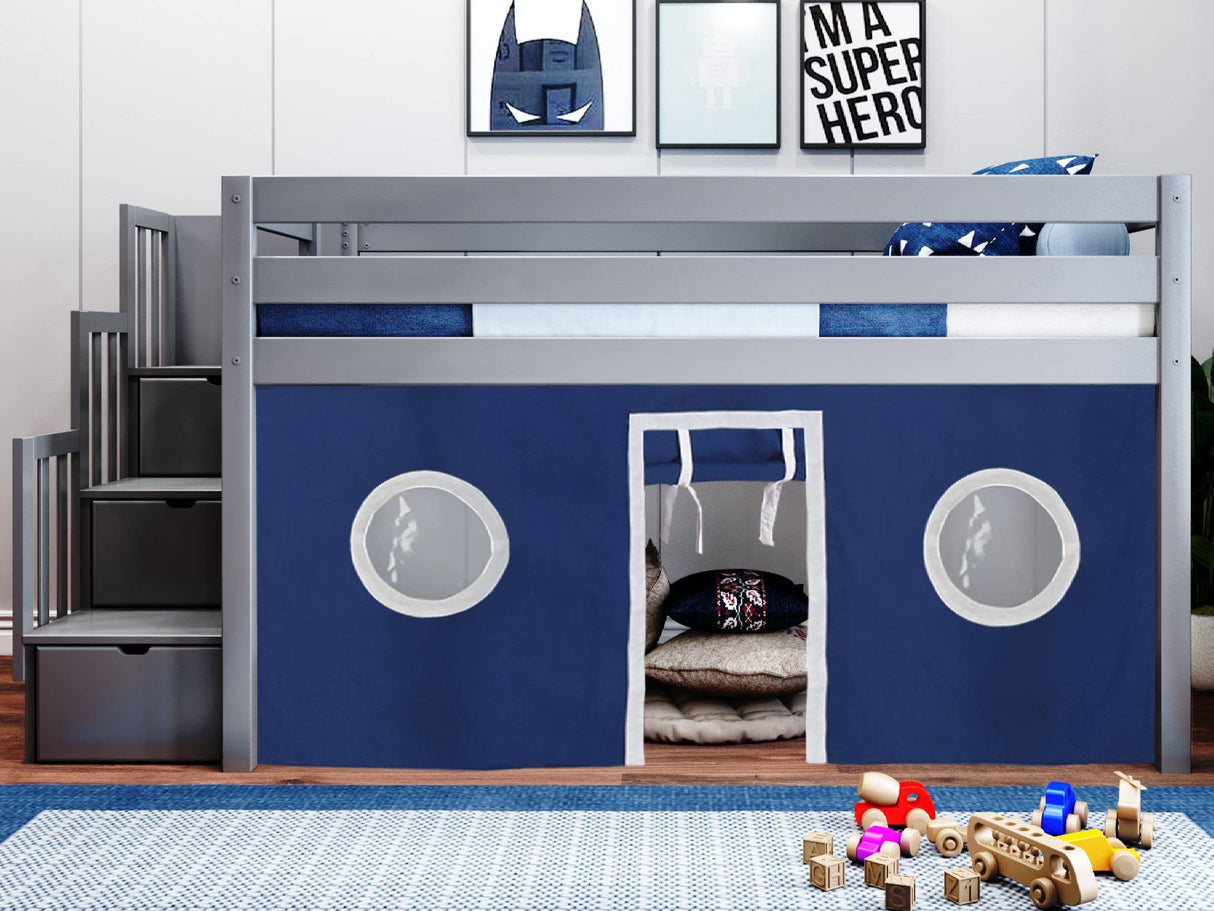 Contemporary Low Loft Twin Bed with a 3 Drawer Stairway, Gray with Blue & White Tent