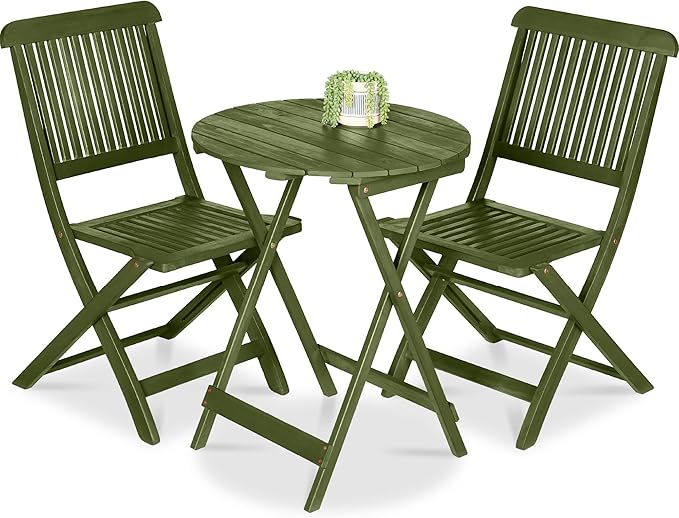 Acacia Wood Bistro Set - 3-Piece Folding Patio Furniture with 2 Chairs & Round Coffee Table