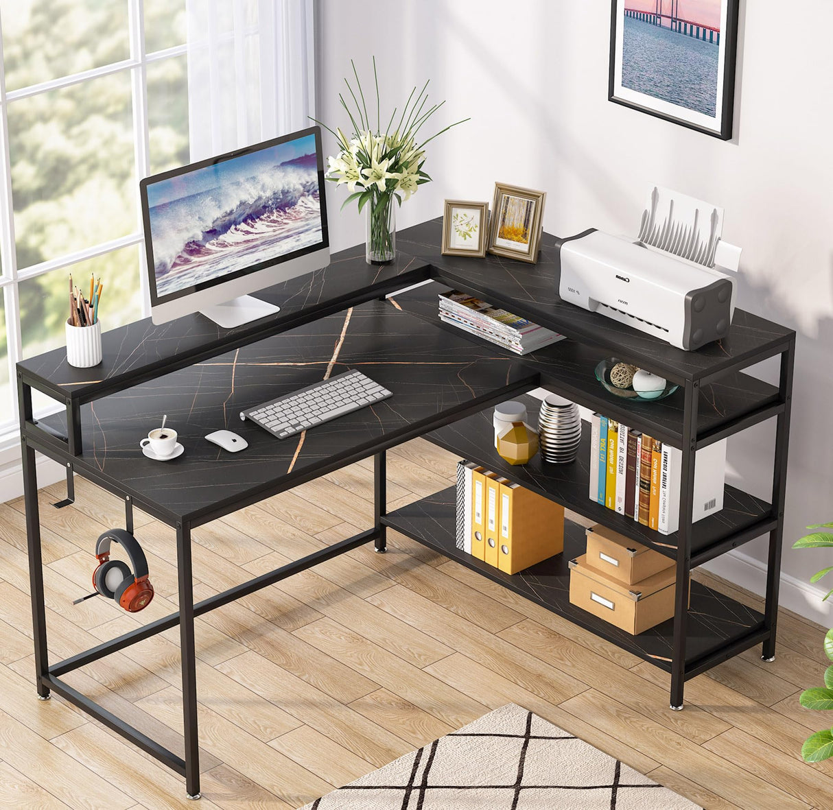 Tribesigns 53 Inch Reversible L Shaped Desk with Storage Shelf, Modern Black Marble Corner Desk with Shelves and Monitor Stand, Gaming Desk for Home Office οΌ53" D x 41" WοΌ