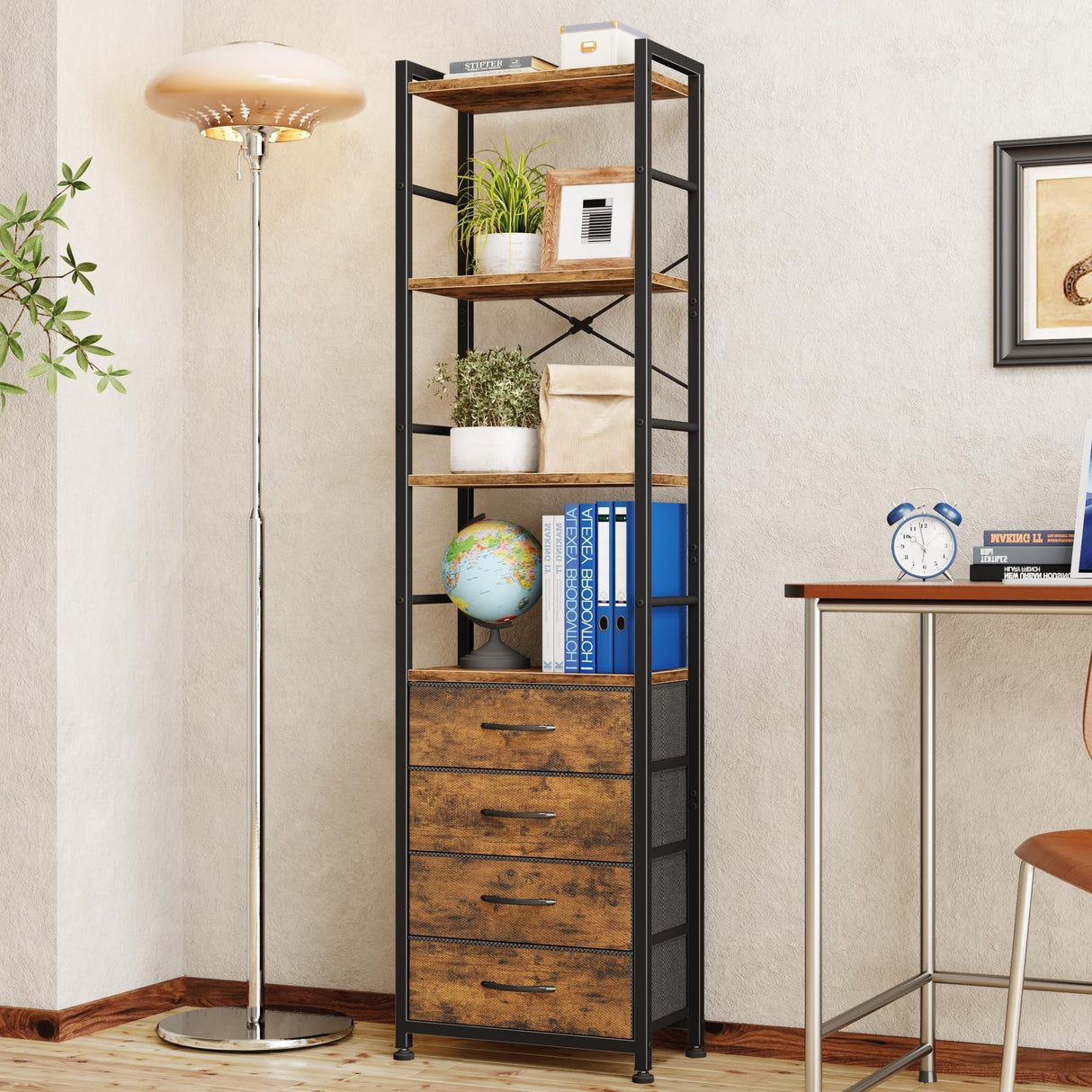 Bookshelf with 4 Fabric Drawers, 6-Tier Tall Narrow Bookshelf with Storage