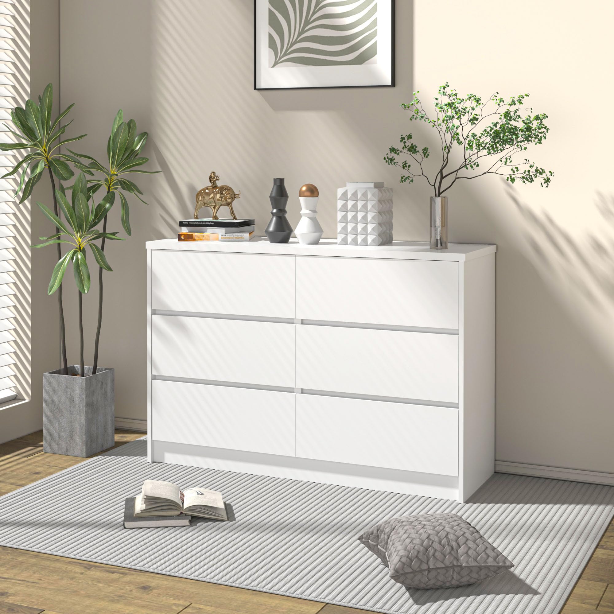 Modern White 6 Drawer Dresser for Bedroom, Living Room Chest of Drawers