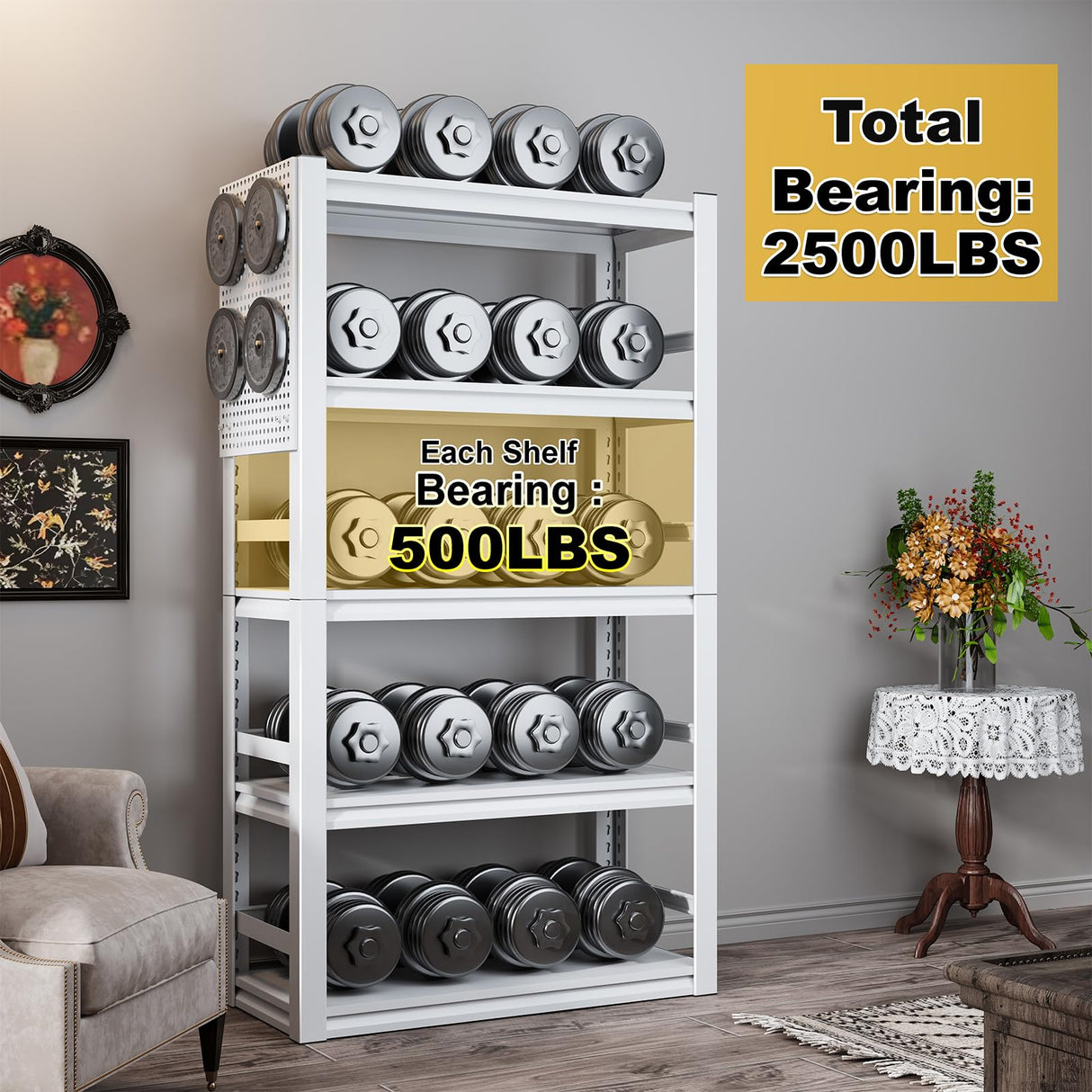 ZONLESON 63" Heavy Duty Bookshelf Metal Bookcase with Pegboard Bookend and Fence 5 Tier Adjustable Bookshelves for Home Office and Study,White