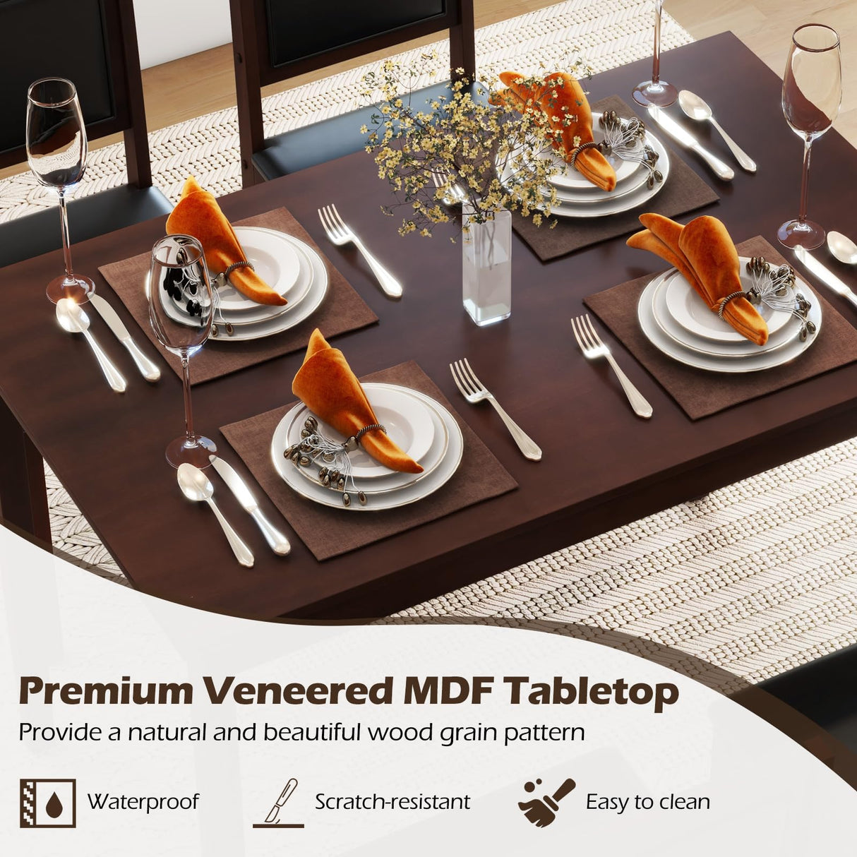 5-Piece Farmhouse Dining Table Set with Upholstered Chairs