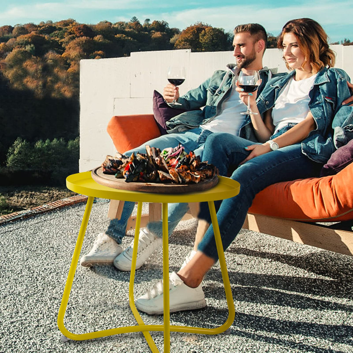 Yellow Outdoor Side Tables, Small Outdoor Table, Round Patio Side Table