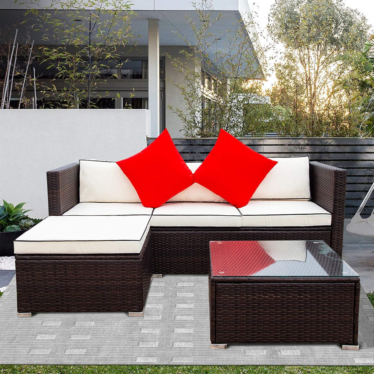 3-Piece Rattan Wicker Outdoor Sectional Set with Glass Coffee Table