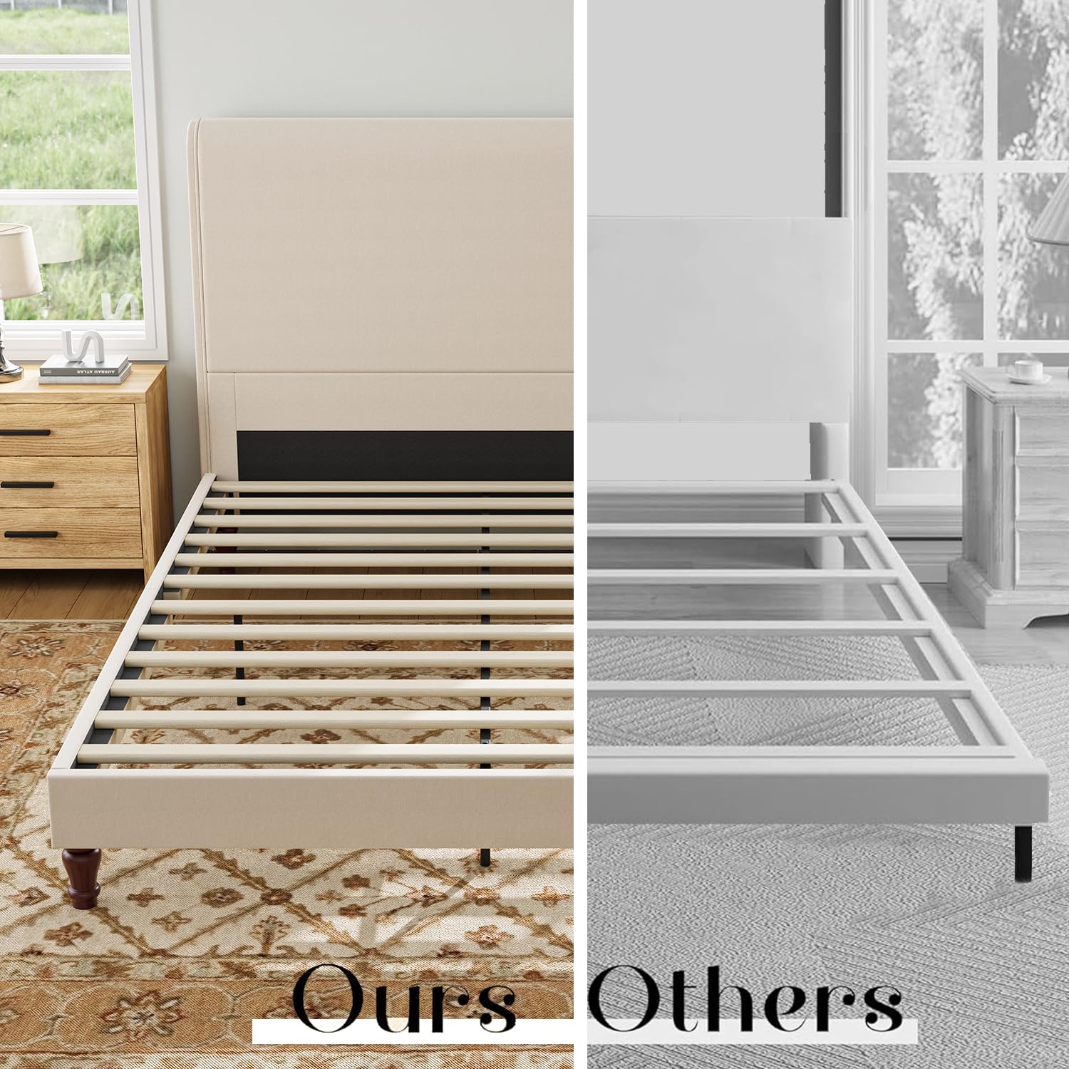 PNZOZO Queen Size Bed Frame with Headboard Upholstered Sleigh Bed Frame Platform Bed Frame No Box Spring Needed | Wood Slats | Cream White Easy Assembly