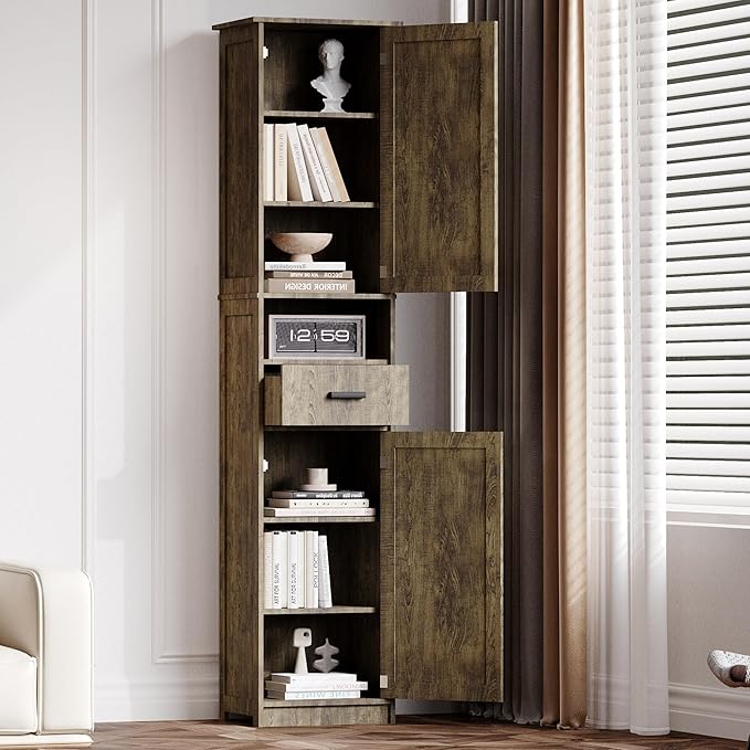 69“ Tall Bathroom Cabinet Features 2 Doors, 1 Open Shelf Drawer