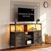 TV Stand with Power Outlets and LED Light, 4 Fabric Drawers Entertainment