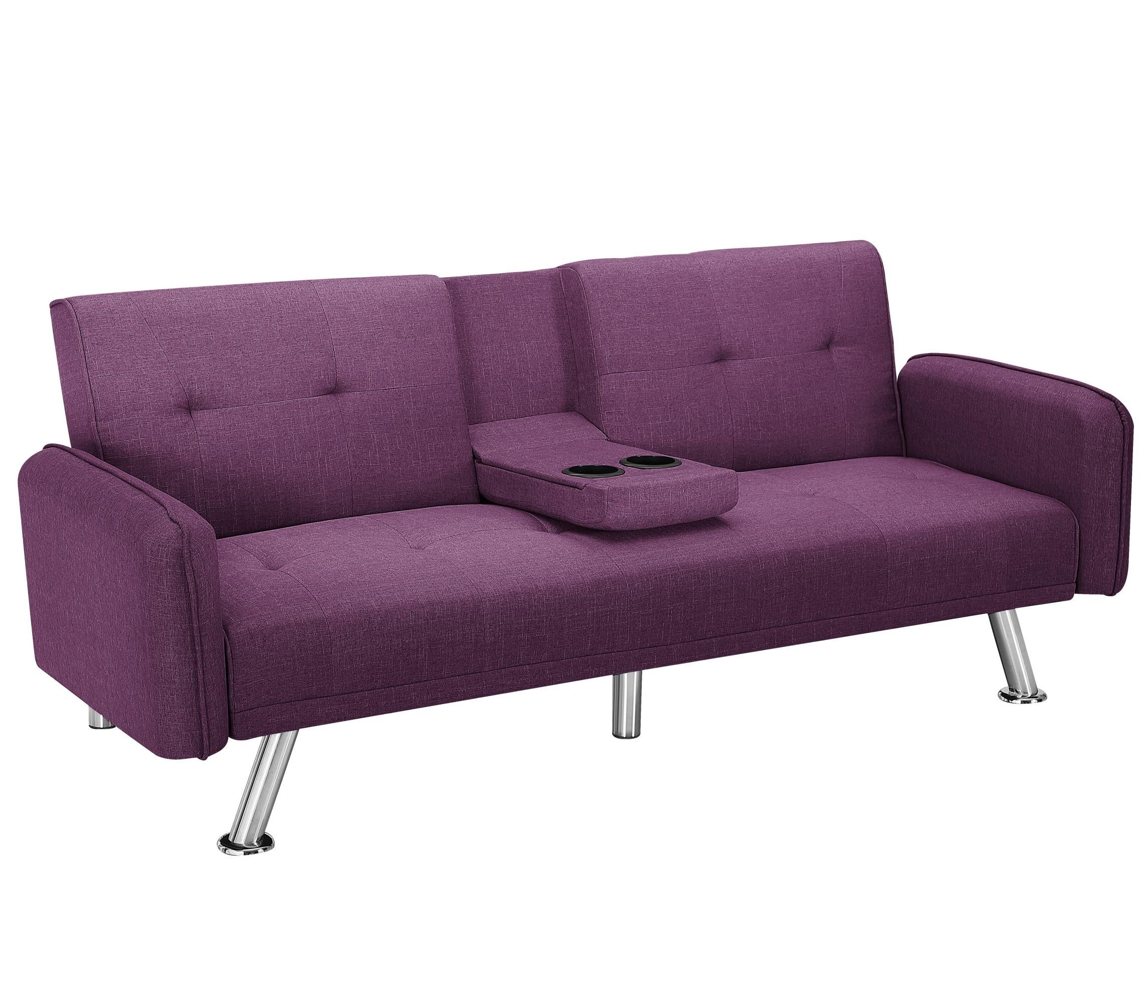 Sleeper Sofa Bed with Adjustable Backrest & Cup Holders, Futon Set with Metal Legs
