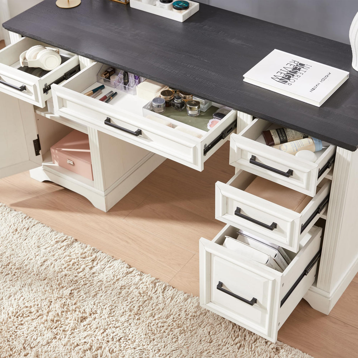 JXQTLINGMU 58 Inch Large Computer Desk with Drawers, Embossed Texture Home Office Desk, Workspace for Work Study Writing, White