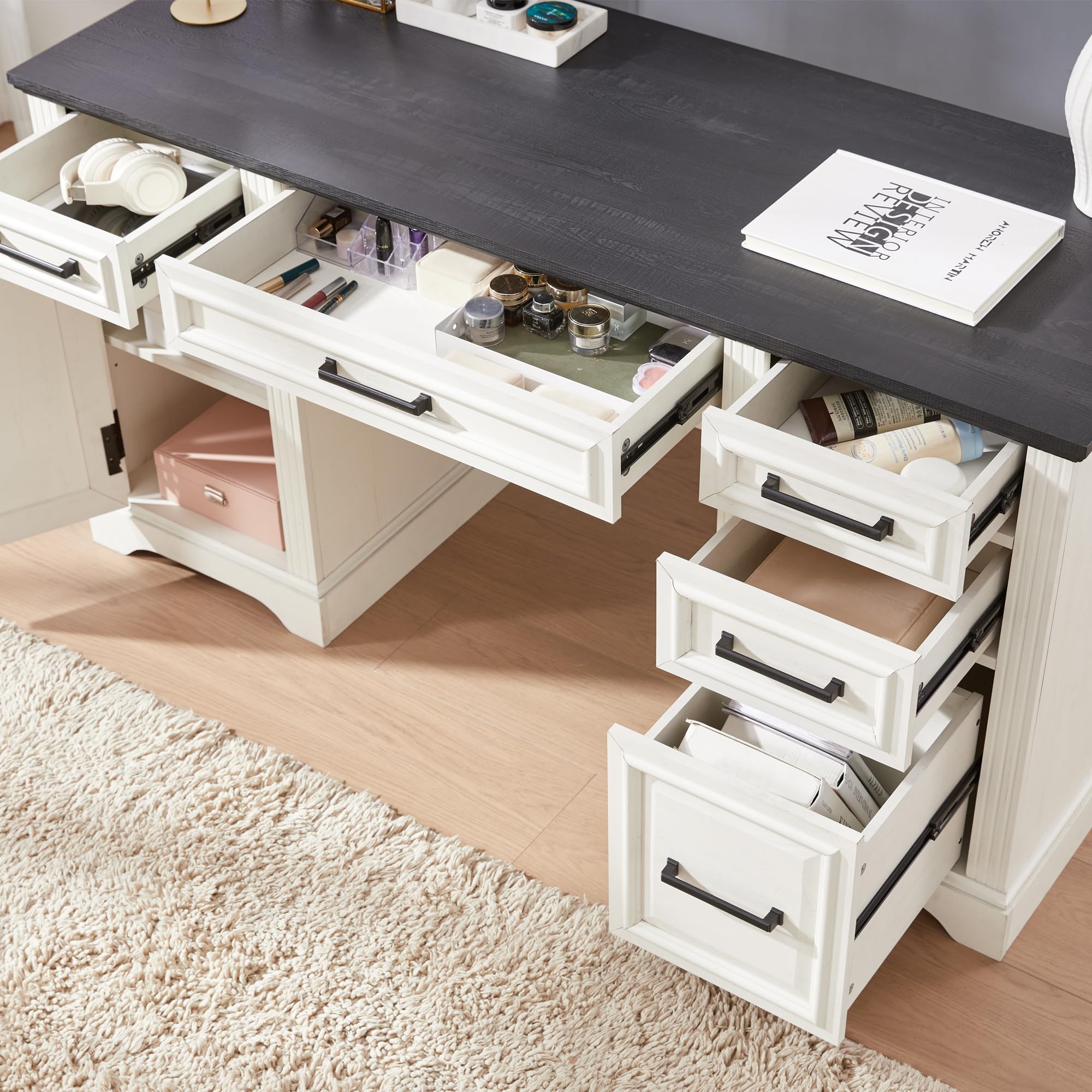 JXQTLINGMU 58 Inch Large Computer Desk with Drawers, Embossed Texture Home Office Desk, Workspace for Work Study Writing, White