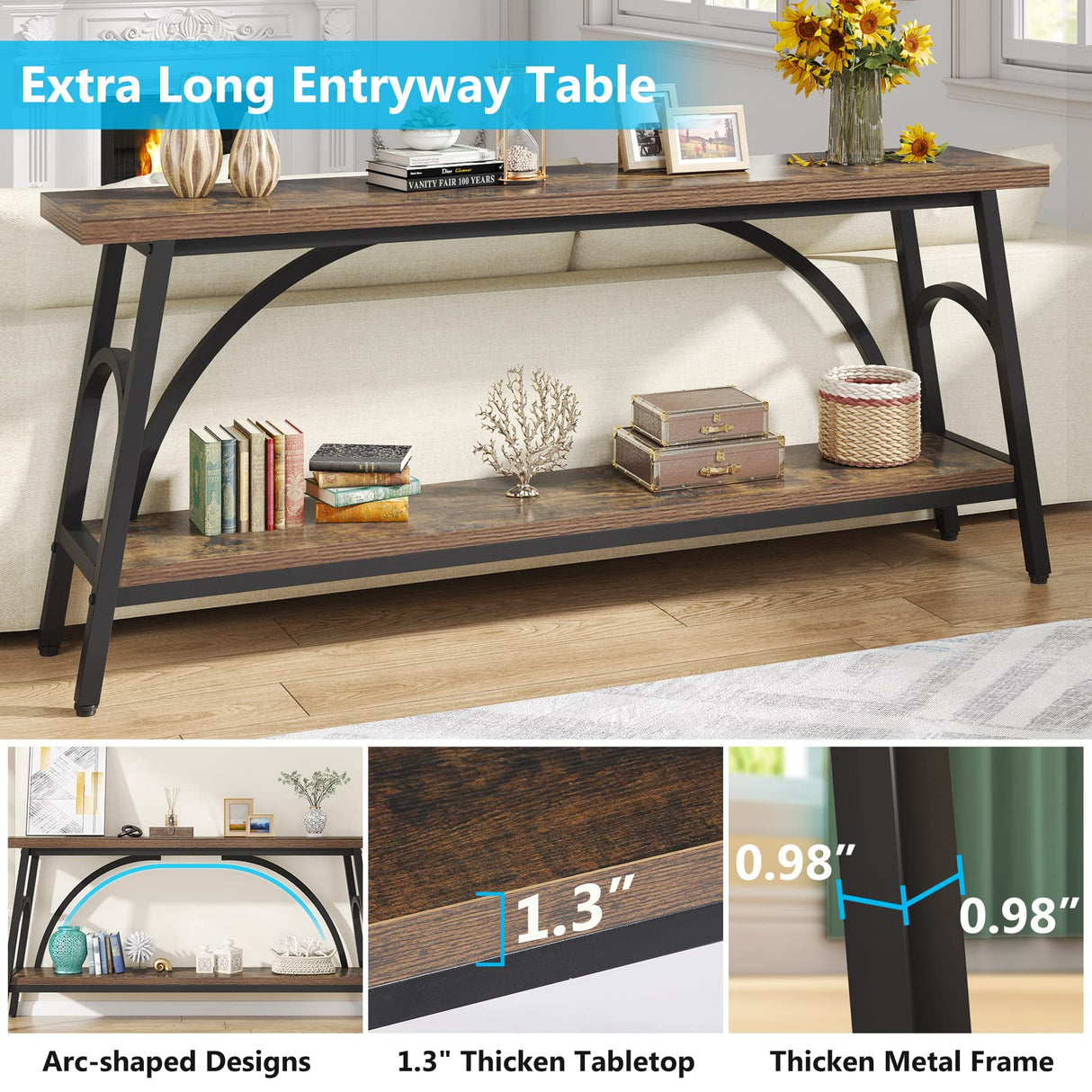 Extra Long Sofa Tables, 70.8”Console Table for Entryway, Wood Console Table 2 Tier TV Stand,