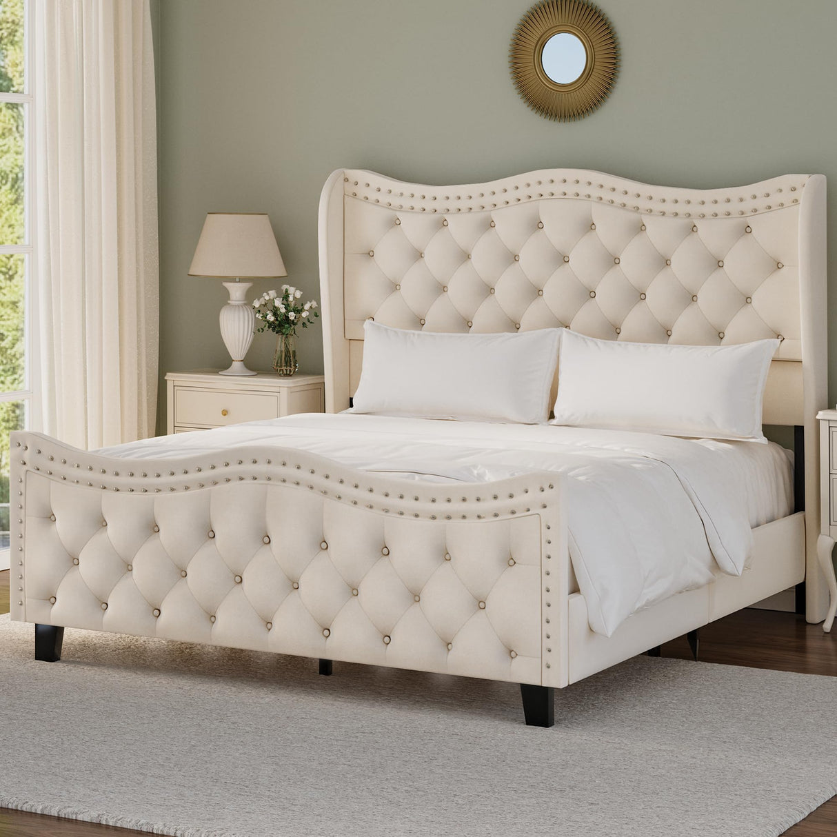 Queen Upholstered Bed with Tufted Wingback Headboard