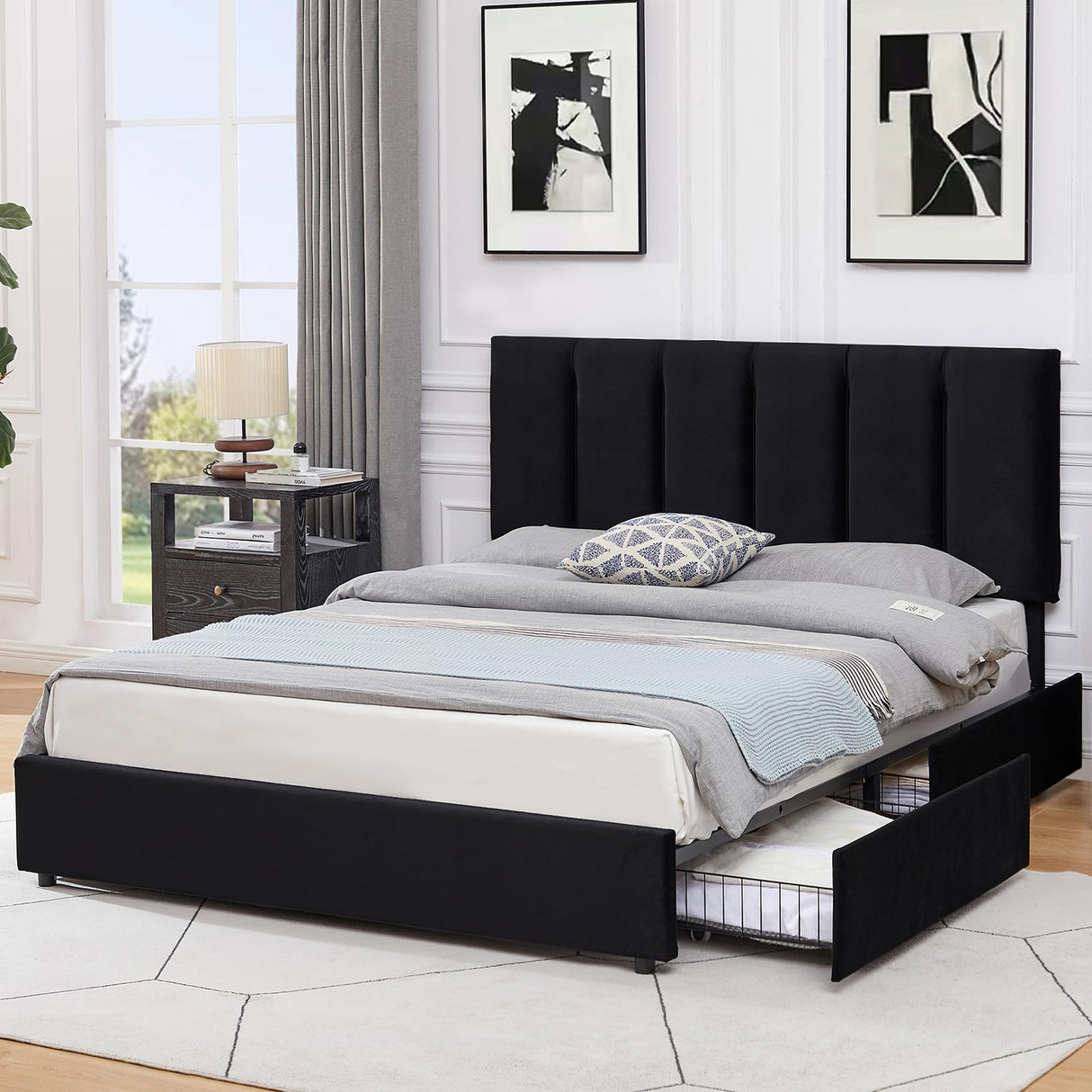 Queen Upholstered Bed Frame with 4 Storage Drawers and Adjustable Velvet Headboard
