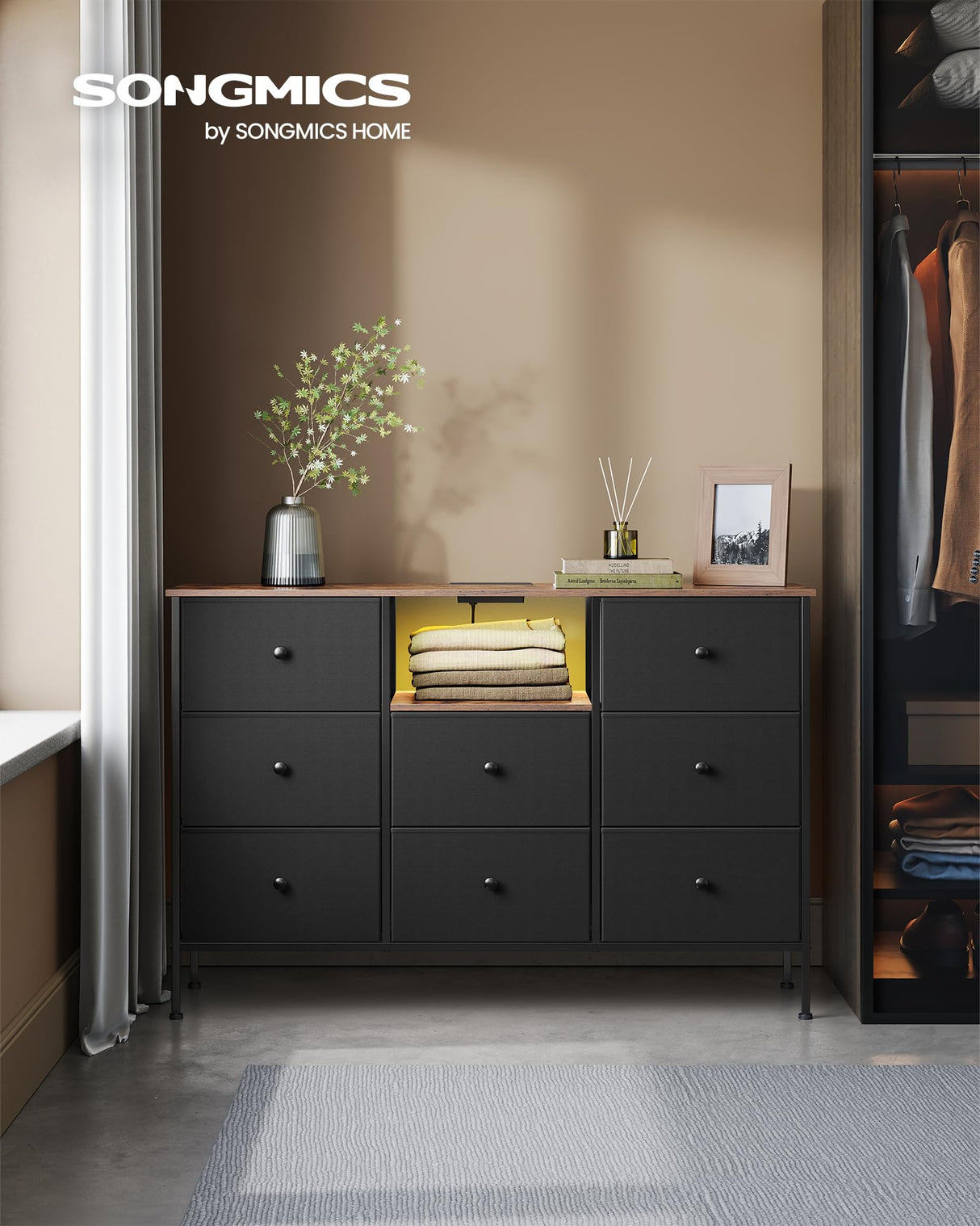 Dresser with Power Outlets and LED Lights