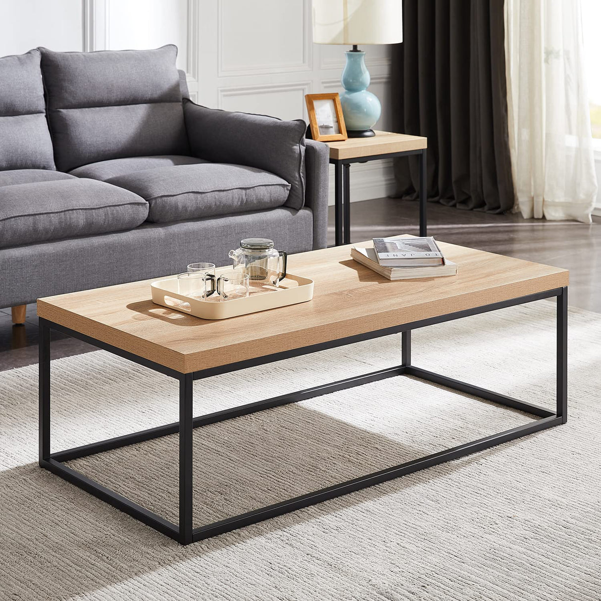 Natural Oak Coffee Table for Living Room, 47" Modern Industrial Rectangular Wood