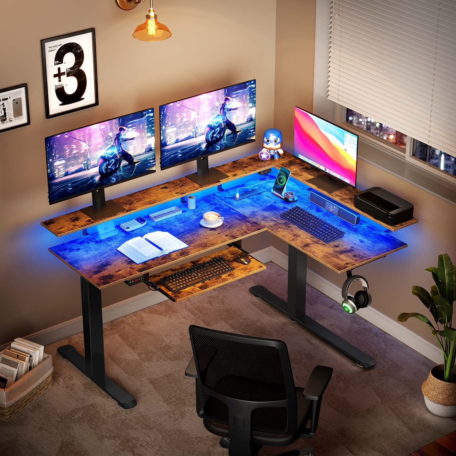 L Shaped Standing Desk with LED Light and Power Outlet, Dual Motor Height Adjustable