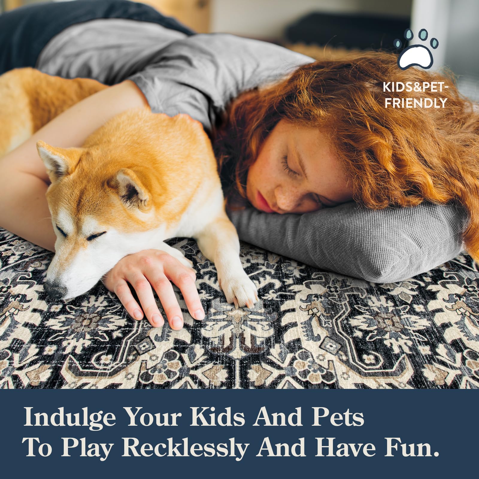 Black Living Room Rugs 8x10, Vintage Washable Grey Rug for Bedroom Dining Room,