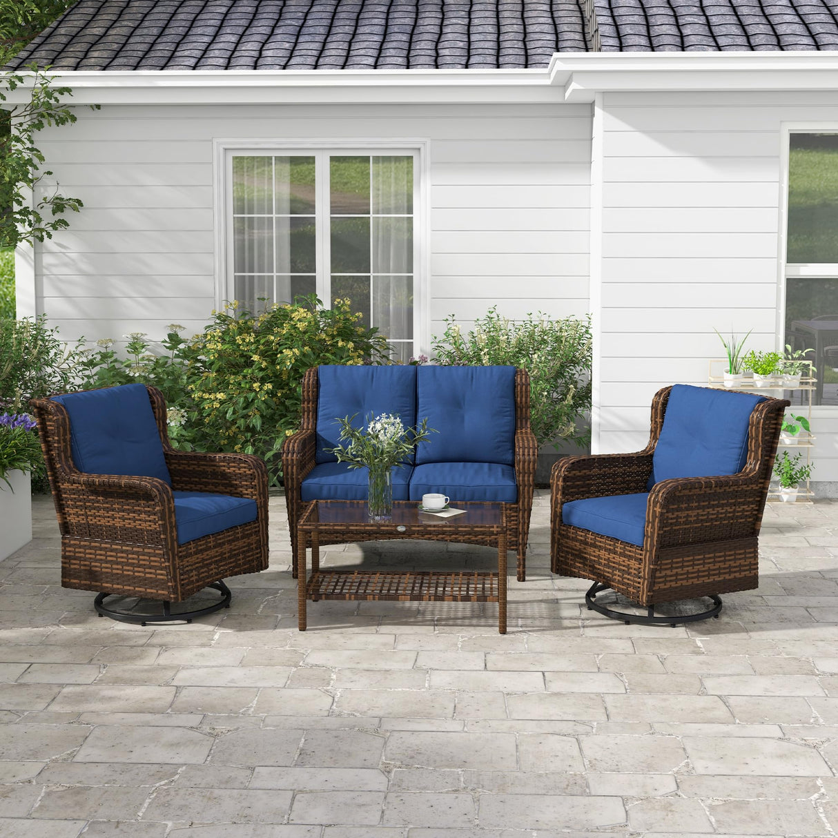 4 Piece PE Rattan Outdoor Patio Furniture Set, Wicker Conversation Set