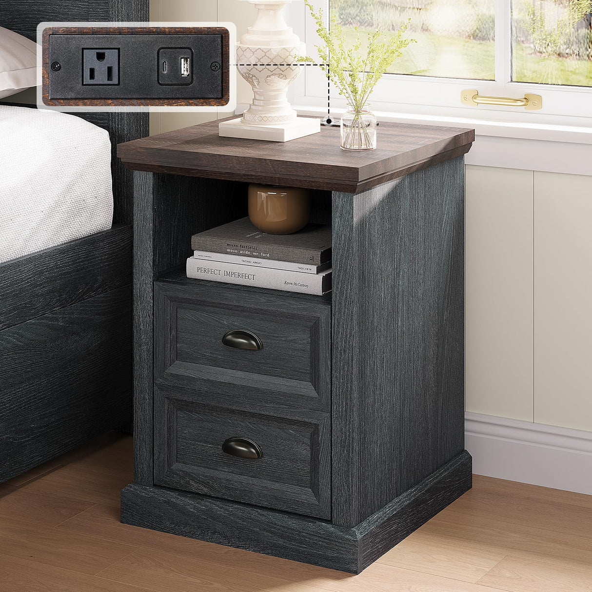 Table with Charging Station, Wood Side Table