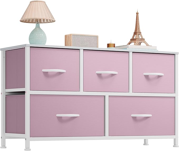 Wide Storage Tower with 5 Drawers - Fabric Dresser, Organizer Unit for Bedroom