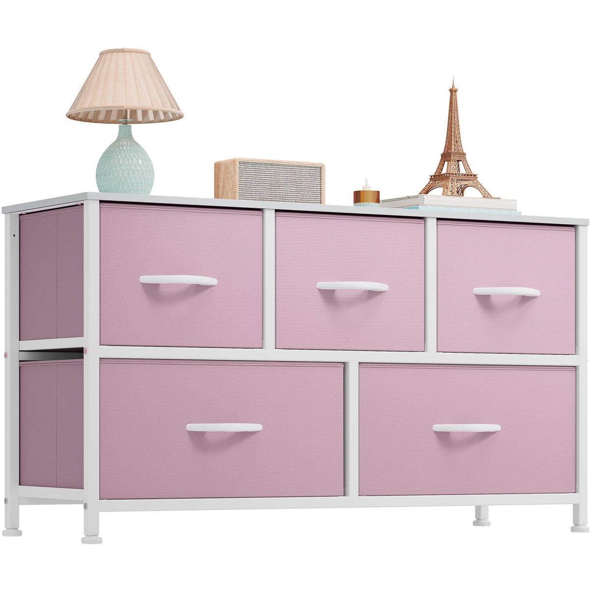 Wide Storage Tower with 5 Drawers - Fabric Dresser, Organizer Unit for Bedroom