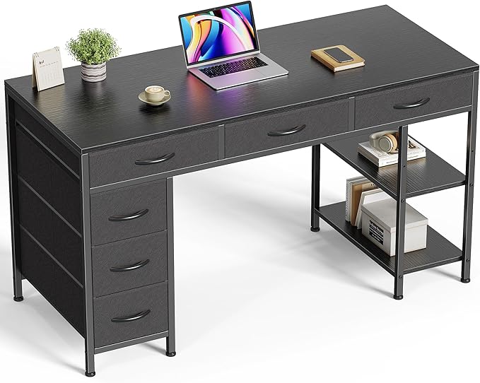 Computer Desk with 6 Drawers, 54 Inch Office Desk with Shelves, Reversible Gaming Desk