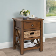 X-Side Nightstand End Table Side Table with Drawer, 2 Storage Shelves and Wicker Basket