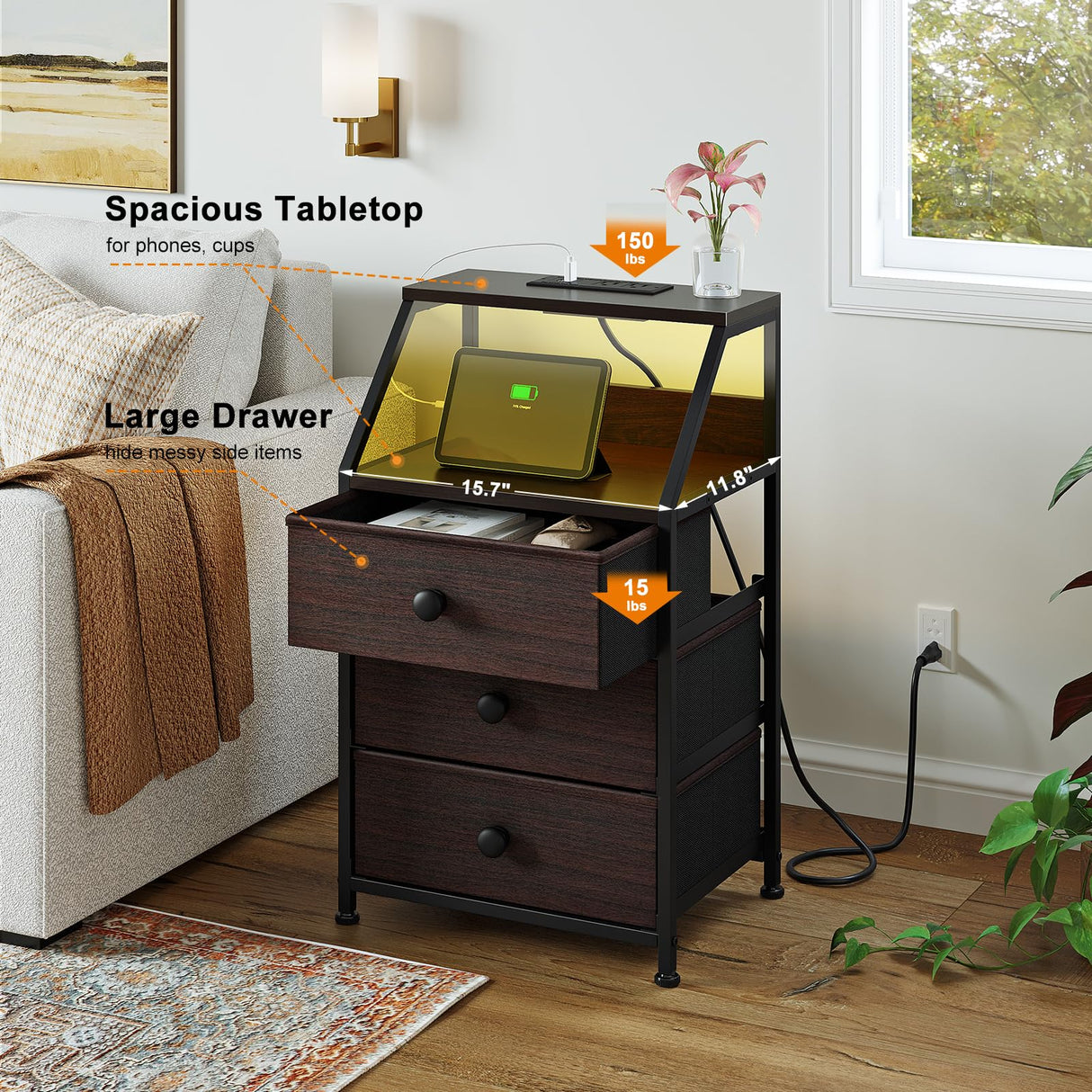 Charging Station and Led Light, Tall Brown Bedside Table