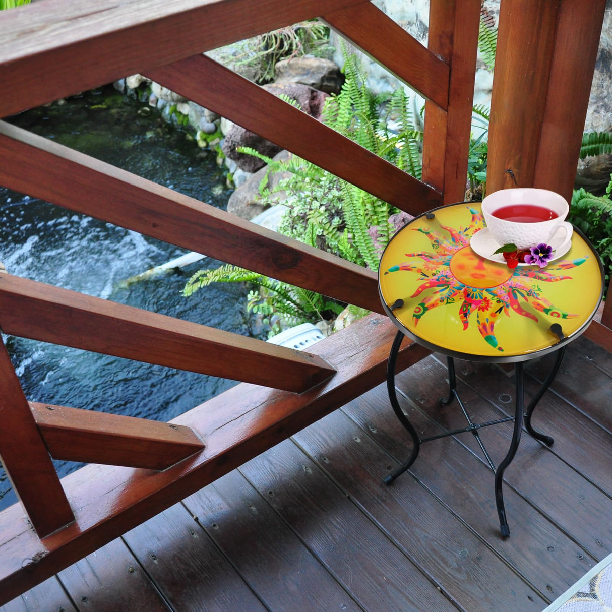 wotieuns Patio Side Table Outdoor Metal Accent Table Round Glass Balcony Plant End Table Garden Lawn Indoor Coffee Table - Bircata