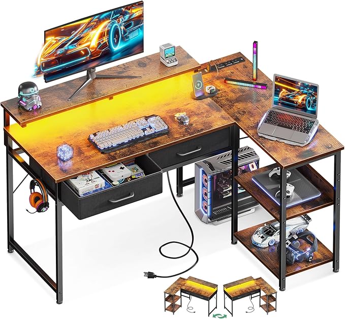 40 Inch L Shaped Gaming Desk with 2 Drawers & Storage Shelves, Computer Desk