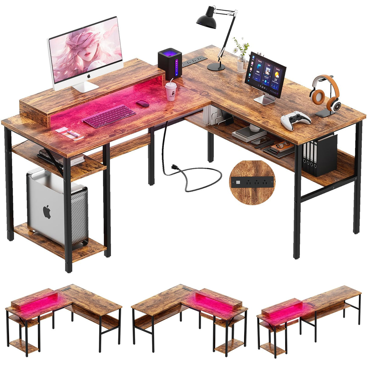 L Shaped Computer Desk with Magic Power Outlets and Smart LED Light