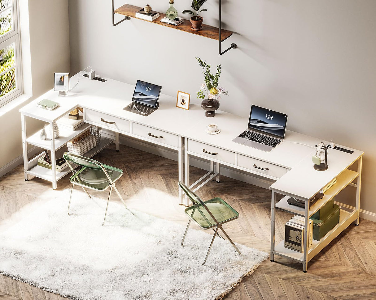 40 Inch L Shaped Desk with 2 Drawers, Computer Desk with USB Ports, Office Desk with Storage Shelves, Corner Desk Home Office Desks, Small Desk for Bedroom, White