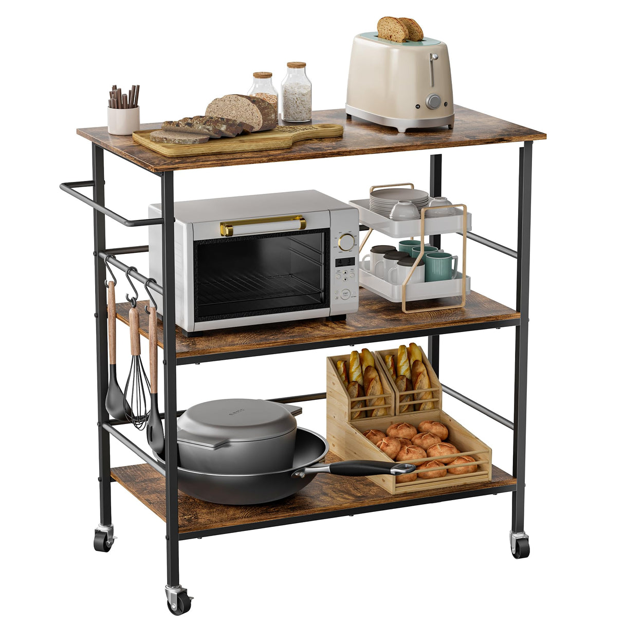Kitchen Island on Wheels with 3 Shelves, Rolling Utility Trolley Cart