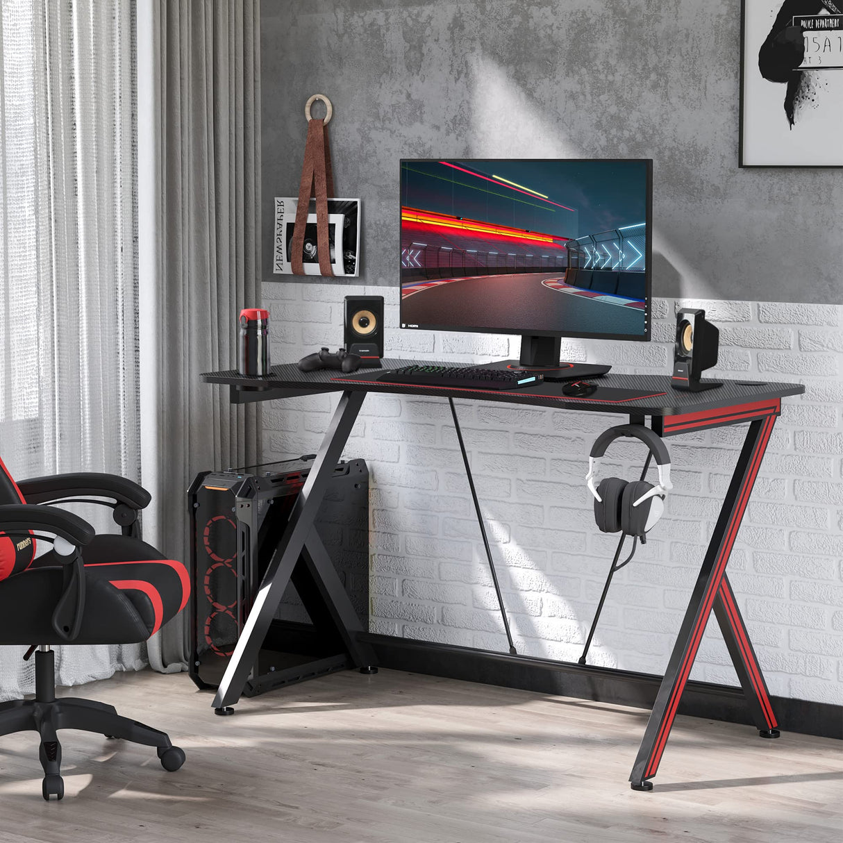 41 inch Gaming Computer Desk, Home Office Gamer Table Workstation with Cup Holder, Headphone Hook, Cable Management, Carbon Fiber Surface