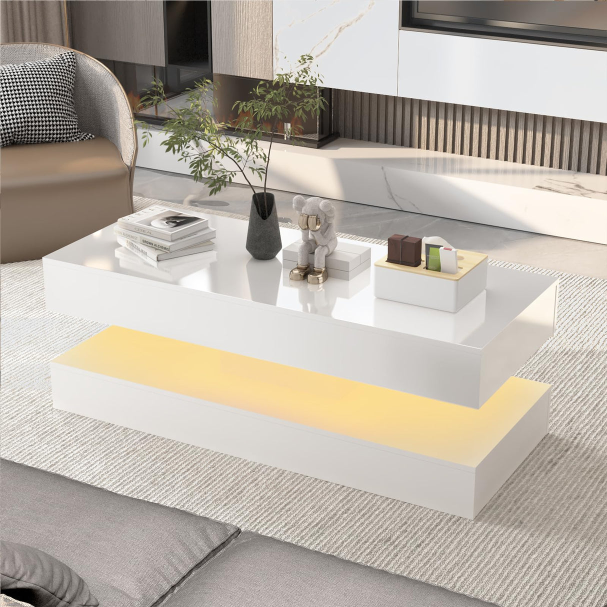 47.3IN High Glossy LED Coffee Table,APP LED Lights,Black/White, Modern Furniture