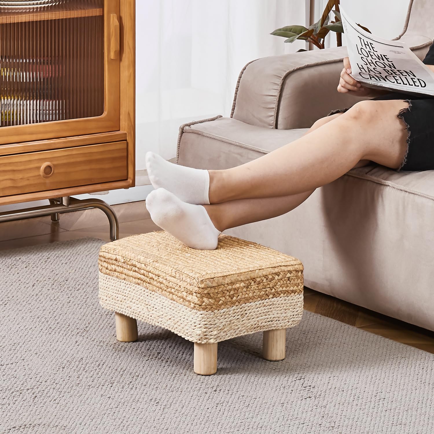 Foot Stool Ottoman Rectangular Footrest Pouf Ottomans Natural Seagrass Footstool